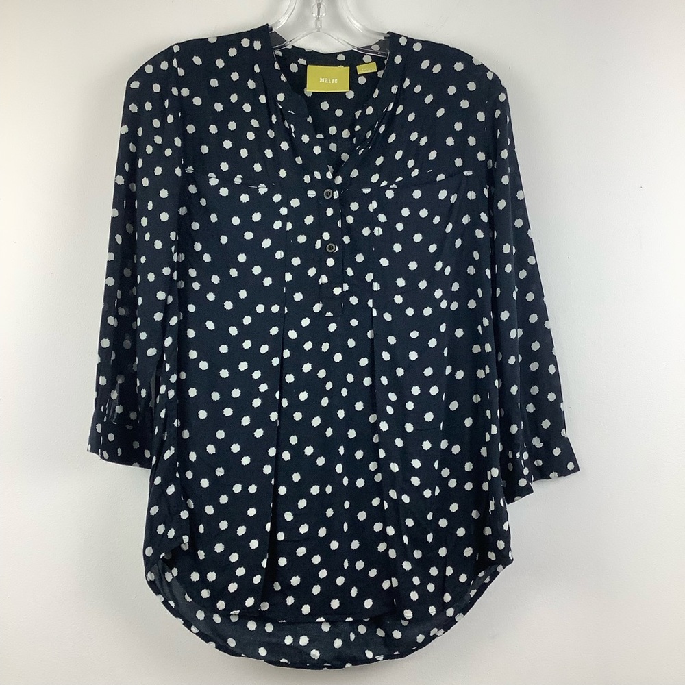Maeve Anthropologie Polka Dot Henley 3/4 Sleeve Top in Blue/White Multi